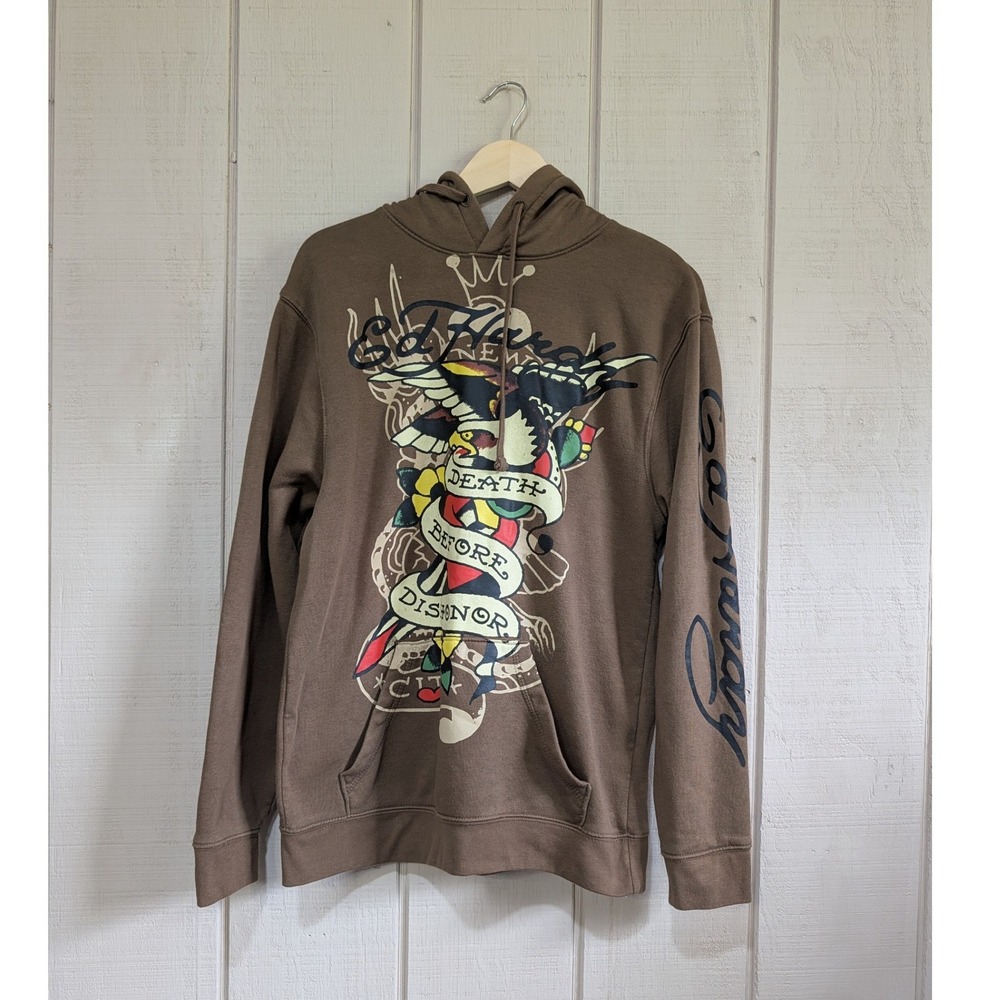 Ed Hardy Brown Death Before Dishonor Eagle Tattoo Graphic Hoodie Mens Medium